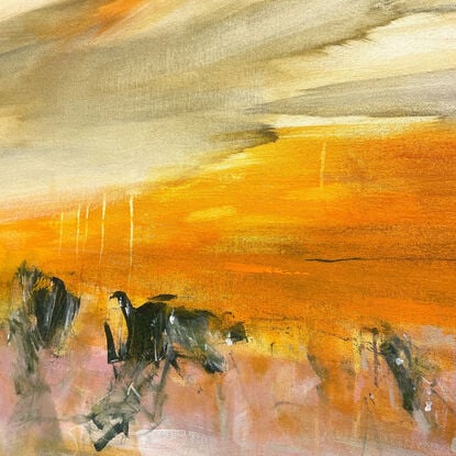 Subtle tones in warm earthy beige, apricot, orange, ochre, brown, white, grey, olive and light green combined with large expressive pencil and paint marks, across the canvas surface. 