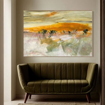 Subtle tones in warm earthy beige, apricot, orange, ochre, brown, white, grey, olive and light green combined with large expressive pencil and paint marks, across the canvas surface. 