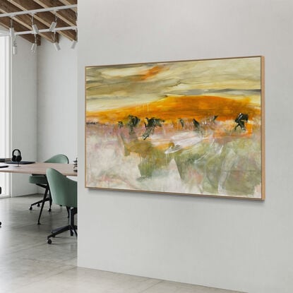 Subtle tones in warm earthy beige, apricot, orange, ochre, brown, white, grey, olive and light green combined with large expressive pencil and paint marks, across the canvas surface. 