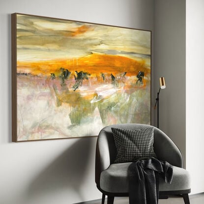 Subtle tones in warm earthy beige, apricot, orange, pink, ochre, brown, white, grey, olive and light green combined with large expressive pencil and paint marks, across the canvas surface. 