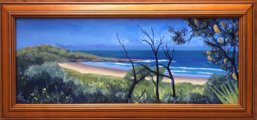 View across native trees and shrubs towards Pippi Beach Yamba and Lovers Point headland.  There is a beautiful stretch of sand along the shoreline.