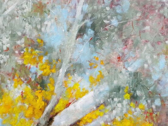 Soft abstract impressionist of large gum tree with yellow wattle and pink blossoms.  By Australian artist Victoria Collins. 