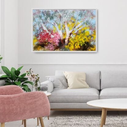 Soft abstract impressionist of large gum tree with yellow wattle and pink blossoms.  By Australian artist Victoria Collins. 