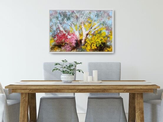 Soft abstract impressionist of large gum tree with yellow wattle and pink blossoms.  By Australian artist Victoria Collins. 