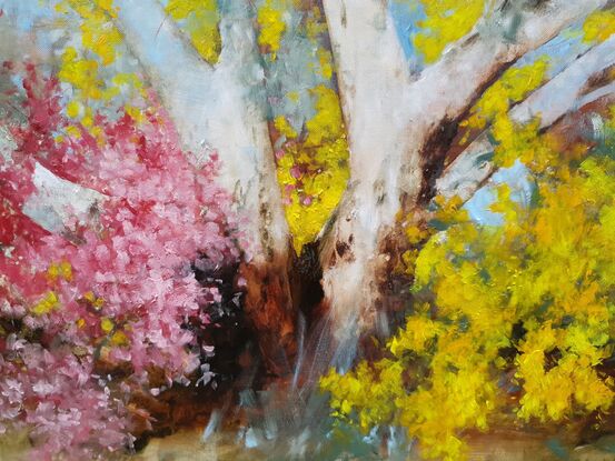 Soft abstract impressionist of large gum tree with yellow wattle and pink blossoms.  By Australian artist Victoria Collins. 