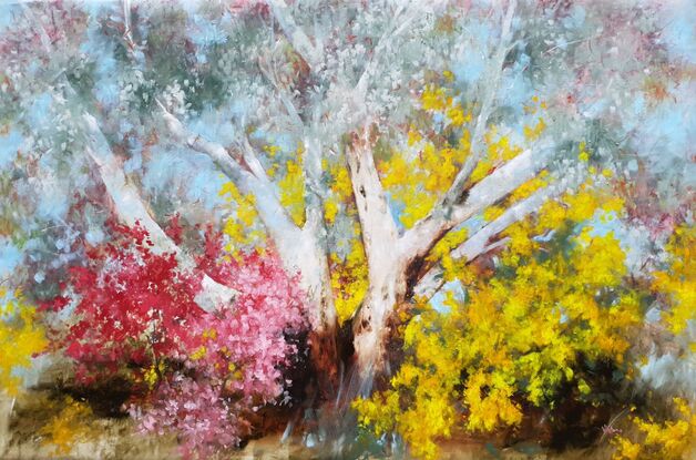 Soft abstract impressionist of large gum tree with yellow wattle and pink blossoms.  By Australian artist Victoria Collins. 