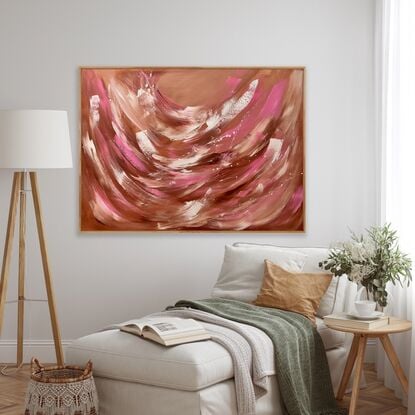 Large brushstrokes of pink and white on warm brown background with some white paint splatters on Sustainable Canvas