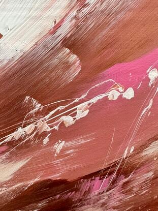 Large brushstrokes of pink and white on warm brown background with some white paint splatters on Sustainable Canvas