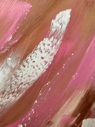 Large brushstrokes of pink and white on warm brown background with some white paint splatters on Sustainable Canvas