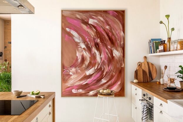 Large brushstrokes of pink and white on warm brown background with some white paint splatters on Sustainable Canvas