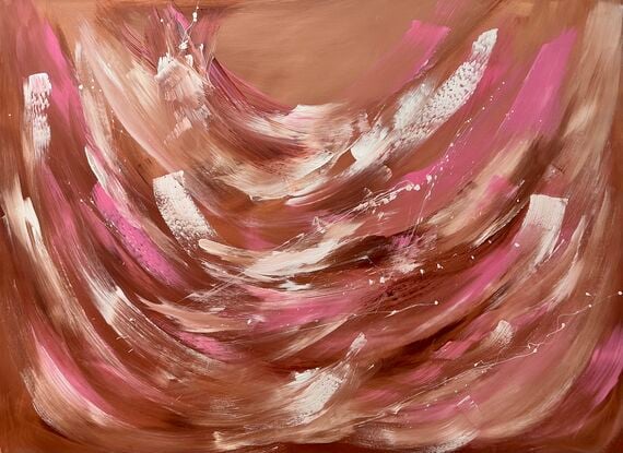 Large brushstrokes of pink and white on warm brown background with some white paint splatters on Sustainable Canvas