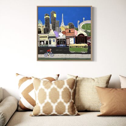 Large Melbourne cityscape, featuring MCG, Yarra bridge, skyline tram and gardens. Full of details and nostalgic Melbourne moments. 