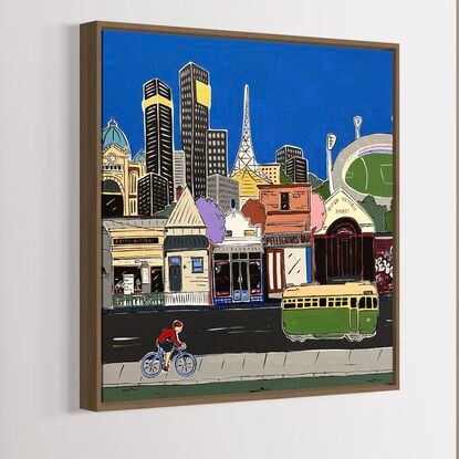 Large Melbourne cityscape, featuring MCG, Yarra bridge, skyline tram and gardens. Full of details and nostalgic Melbourne moments. 