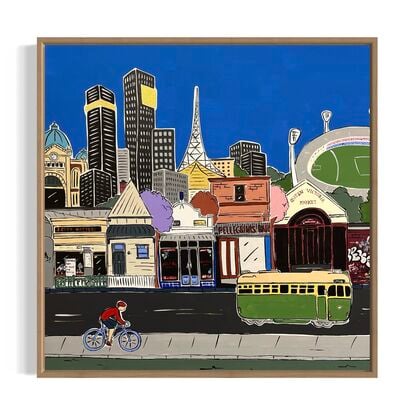 Large Melbourne cityscape, featuring MCG, Yarra bridge, skyline tram and gardens. Full of details and nostalgic Melbourne moments. 