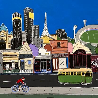 Large Melbourne cityscape, featuring MCG, Yarra bridge, skyline tram and gardens. Full of details and nostalgic Melbourne moments. 