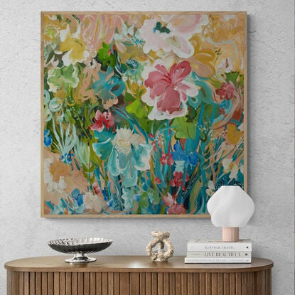 colourful abstract flower original painting of a garden landscape with flowers blooming