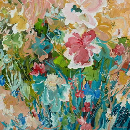 colourful abstract flower original painting of a garden landscape with flowers blooming