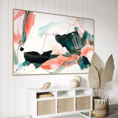 bold marks and colour fields in coral, apricot, pink, light and dark green, turquoise with areas of white across a large canvas