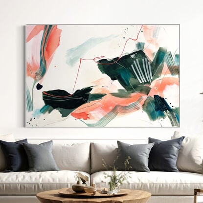 bold marks and colour fields in coral, apricot, pink, light and dark green, turquoise with areas of white across a large canvas