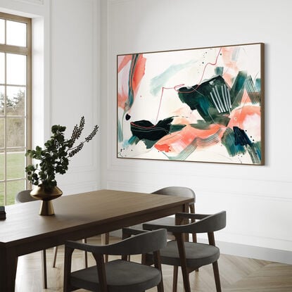 bold marks and colour fields in coral, apricot, pink, light and dark green, turquoise with areas of white across a large canvas