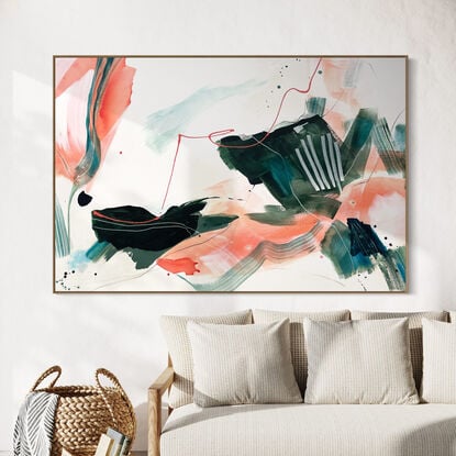 bold marks and colour fields in coral, apricot, pink, light and dark green, turquoise with areas of white across a large canvas