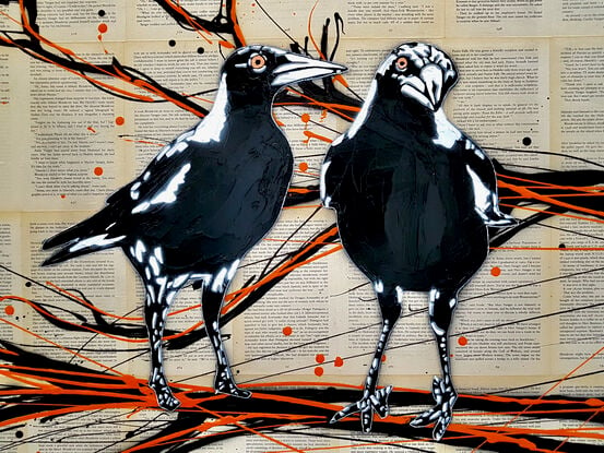 4 cheeky magpies on a branch on book pages