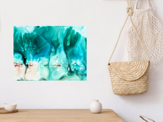 "Surge" is a striking mixed media abstract artwork that captures the dynamic movement of water in fluid forms and vivid hues. With swirling patterns and an interplay of light and shadow, the piece evokes the energy and power of a surging current, drawing viewers into its mesmerizing depths. The artwork blends shades of blue and teal with subtle touches of other colors, creating a sense of motion and transformation, as if the water is alive and constantly shifting.
