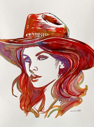 "Rogue" captures the bold spirit of a free-spirited woman in a wide-brimmed hat, rendered in rich red and orange hues. This watercolor artwork combines loose, expressive brushwork with delicate line details to convey both strength and elegance. The play of vibrant colors highlights her confident gaze and flowing hair, evoking a sense of independence and adventure. A perfect piece for those who appreciate strong, dynamic portraits with a hint of mystery and allure.
