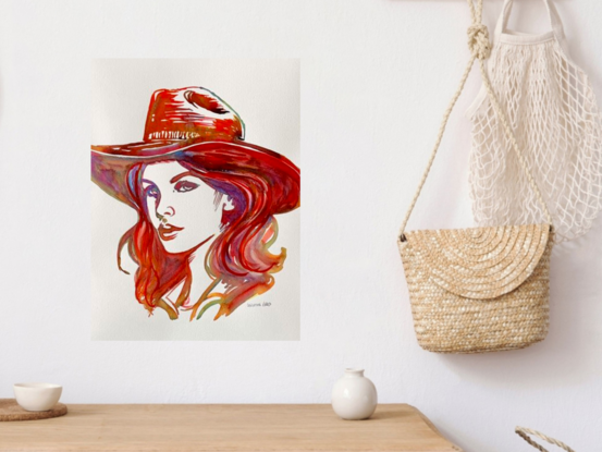 "Rogue" captures the bold spirit of a free-spirited woman in a wide-brimmed hat, rendered in rich red and orange hues. This watercolor artwork combines loose, expressive brushwork with delicate line details to convey both strength and elegance. The play of vibrant colors highlights her confident gaze and flowing hair, evoking a sense of independence and adventure. A perfect piece for those who appreciate strong, dynamic portraits with a hint of mystery and allure.
