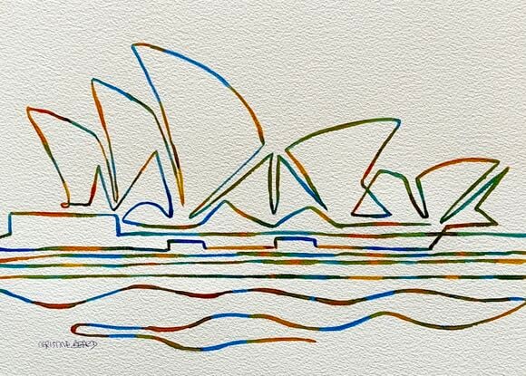 "Ripple" captures the essence of the Sydney Opera House in a beautifully abstract form, using flowing lines and vibrant colors to depict the iconic sails. This minimalist watercolor artwork emphasizes movement and fluidity, creating a sense of harmony and rhythm that mirrors the ebb and flow of Sydney Harbour. The piece offers a fresh perspective on a beloved architectural landmark, highlighting its dynamic structure in a simple yet captivating style.

