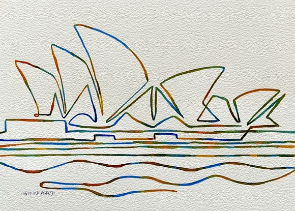 "Ripple" captures the essence of the Sydney Opera House in a beautifully abstract form, using flowing lines and vibrant colors to depict the iconic sails. This minimalist watercolor artwork emphasizes movement and fluidity, creating a sense of harmony and rhythm that mirrors the ebb and flow of Sydney Harbour. The piece offers a fresh perspective on a beloved architectural landmark, highlighting its dynamic structure in a simple yet captivating style.

