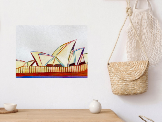 "Crescent" reimagines the Sydney Opera House in a fresh, abstract perspective, capturing the iconic structure’s dynamic geometry with fluid lines and vibrant hues. This watercolor artwork emphasizes the interplay of light and shadow, accentuating the architectural beauty of the sails in a minimalist yet bold approach. The piece reflects the spirit of Sydney, evoking a sense of movement and harmony within the urban landscape.