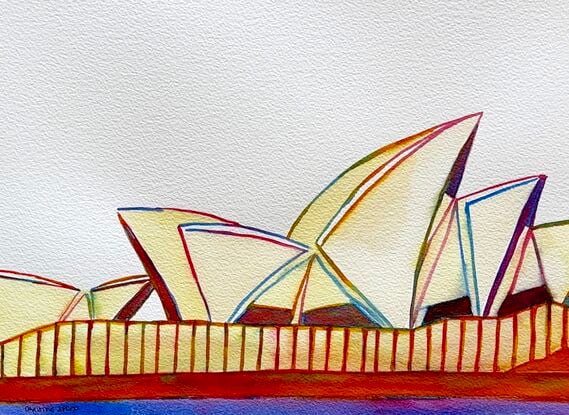 "Crescent" reimagines the Sydney Opera House in a fresh, abstract perspective, capturing the iconic structure’s dynamic geometry with fluid lines and vibrant hues. This watercolor artwork emphasizes the interplay of light and shadow, accentuating the architectural beauty of the sails in a minimalist yet bold approach. The piece reflects the spirit of Sydney, evoking a sense of movement and harmony within the urban landscape.