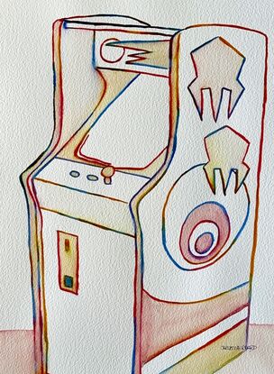 "Retro" captures the nostalgic essence of a classic arcade machine rendered in minimalist watercolor lines. This artwork uses a playful mix of colors and simplified contours to bring the arcade cabinet to life, evoking memories of old-school gaming and vintage fun. The design is both modern and reminiscent, merging clean lines with a touch of retro flair that pays homage to a beloved era of entertainment.
