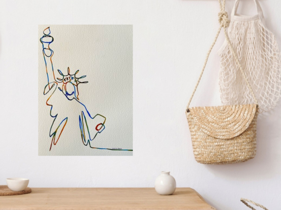 "Liberty" captures the iconic Statue of Liberty in a minimalist and vibrant watercolor line art. This piece uses colorful, flowing lines to portray the essence of freedom and hope that the statue represents. The abstract yet recognizable form offers a fresh, modern take on this symbol of American ideals, making it a visually engaging work that blends tradition with contemporary art.
