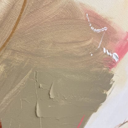 Subtle tones in warm earthy beige, orange, lemon, pink, blush, white, grey and black combined with large expressive marks, across the canvas surface. 