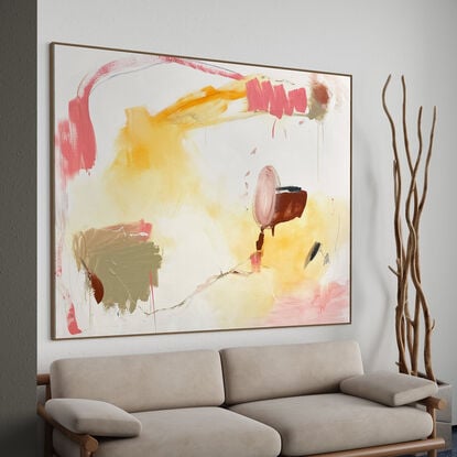 Subtle tones in warm earthy beige, orange, lemon, pink, blush, white, grey and black combined with large expressive marks, across the canvas surface. 