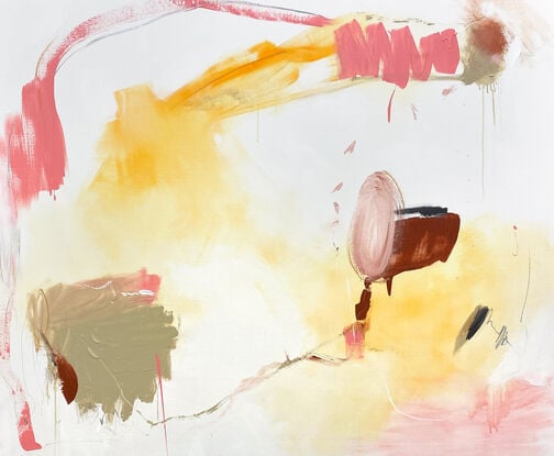 Subtle tones in warm earthy beige, orange, lemon, pink, blush, white, grey and black combined with large expressive marks, across the canvas surface. 