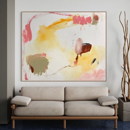 Subtle tones in warm earthy beige, orange, lemon, pink, blush, white, grey and black combined with large expressive marks, across the canvas surface. 