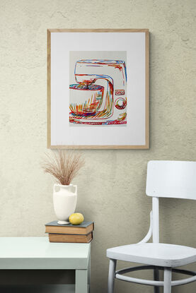 Introducing 'Whisk,' a vibrant watercolour piece capturing the essence of a classic kitchen mixer. The playful blend of colours and dynamic lines celebrates the everyday joy of baking, turning a simple appliance into a lively focal point. This artwork brings a touch of whimsy to the kitchen, inspiring creativity and warmth.
