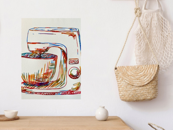 Introducing 'Whisk,' a vibrant watercolour piece capturing the essence of a classic kitchen mixer. The playful blend of colours and dynamic lines celebrates the everyday joy of baking, turning a simple appliance into a lively focal point. This artwork brings a touch of whimsy to the kitchen, inspiring creativity and warmth.
