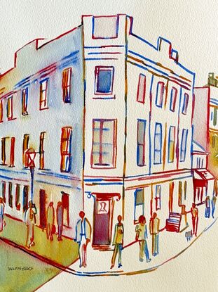 This vibrant watercolour artwork captures the dynamic essence of an urban street corner, bustling with life and energy. The fluid lines and warm hues illustrate a scene of everyday encounters, highlighting the unique character of city life. Each figure seems engaged in their own narrative, set against the backdrop of a historic building that anchors the scene with a sense of timelessness. This piece invites viewers to pause and reflect on the countless stories unfolding in the heart of the city.

