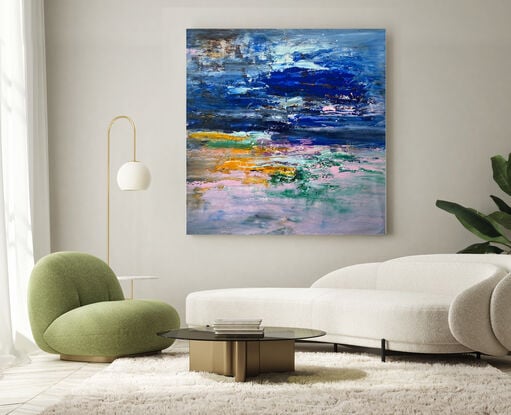 Abstract impressionist painting  in  bright blue and rainbow colours on a square canvas.