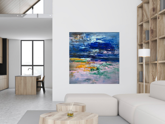 Abstract impressionist painting  in  bright blue and rainbow colours on a square canvas.