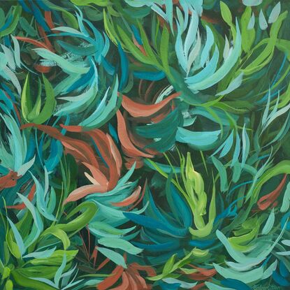 large tropical plant and leaves abstract original painting in blues and greens