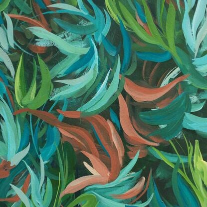 large tropical plant and leaves abstract original painting in blues and greens