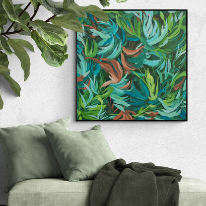 large tropical plant and leaves abstract original painting in blues and greens