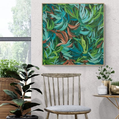 large tropical plant and leaves abstract original painting in blues and greens