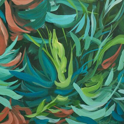 large tropical plant and leaves abstract original painting in blues and greens