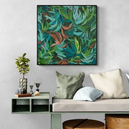 large tropical plant and leaves abstract original painting in blues and greens